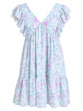 Entro Floral Ruffle Sleeve Mini Dress Pastel Mint Green Cottagecore Boho Sz S